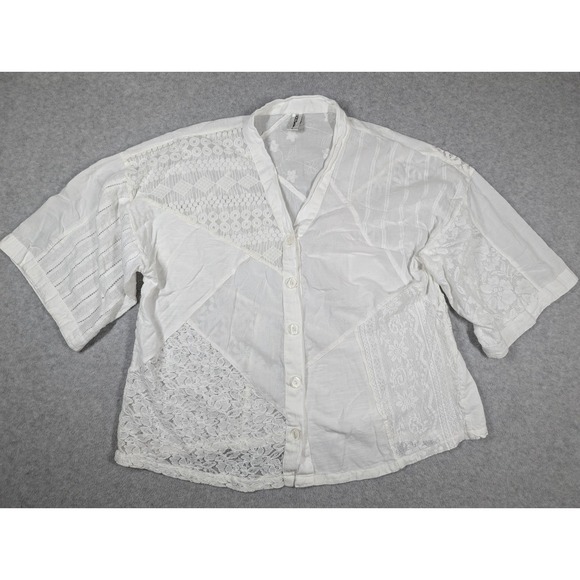 Sacred Threads Tops - Sacred Threads Women Top Large Floral Geo Lace Patchwork Sheer Button Up